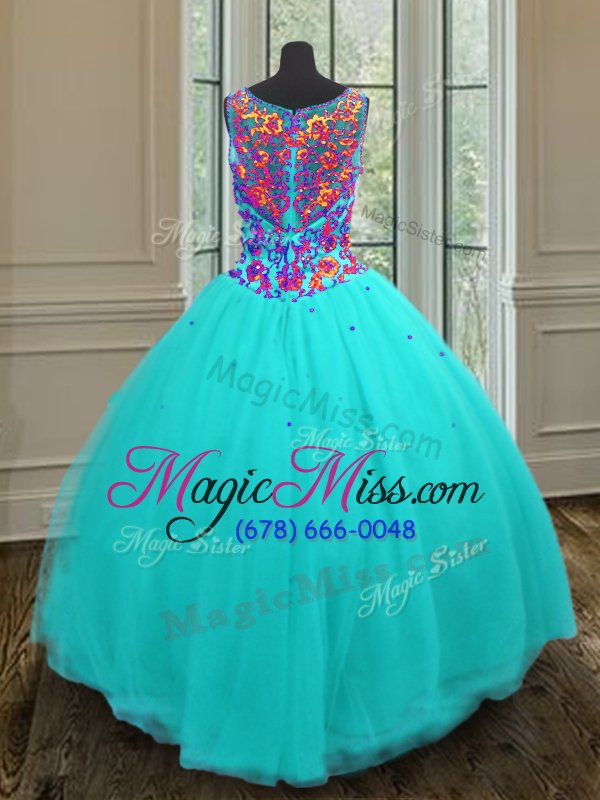 wholesale stylish tulle v-neck sleeveless zipper beading 15th birthday dress in aqua blue