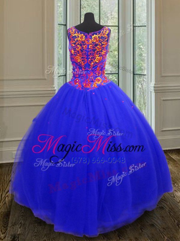 wholesale artistic floor length royal blue vestidos de quinceanera tulle sleeveless beading and sequins