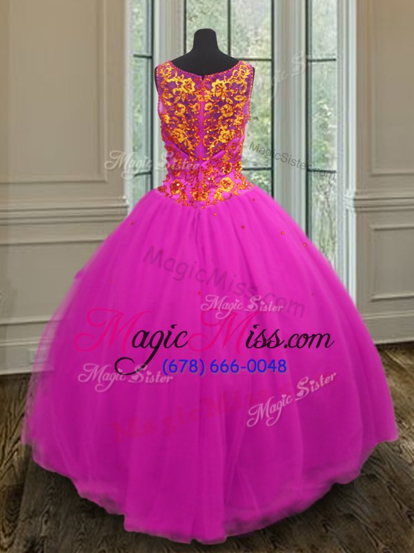 wholesale edgy fuchsia ball gowns v-neck sleeveless tulle floor length zipper beading quinceanera gowns