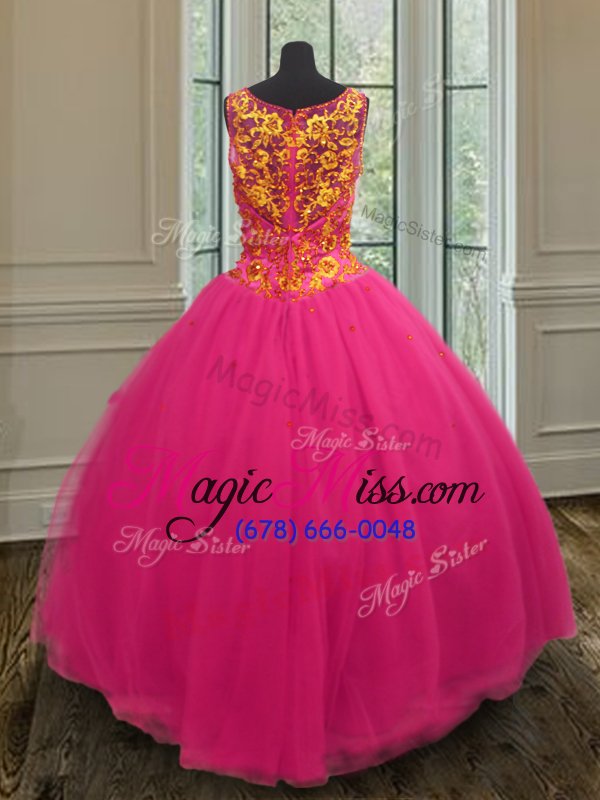 wholesale affordable hot pink zipper v-neck beading sweet 16 quinceanera dress tulle sleeveless