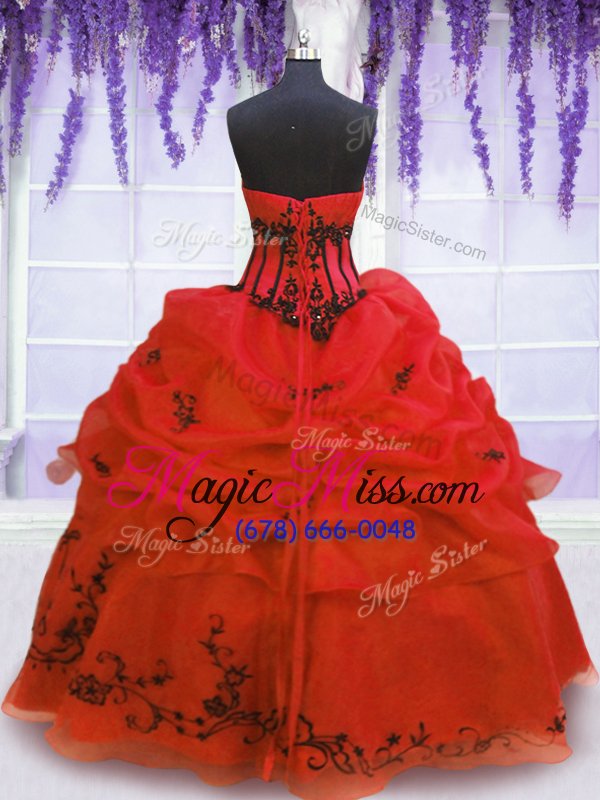 wholesale sumptuous strapless sleeveless quinceanera gown floor length embroidery and pick ups red organza