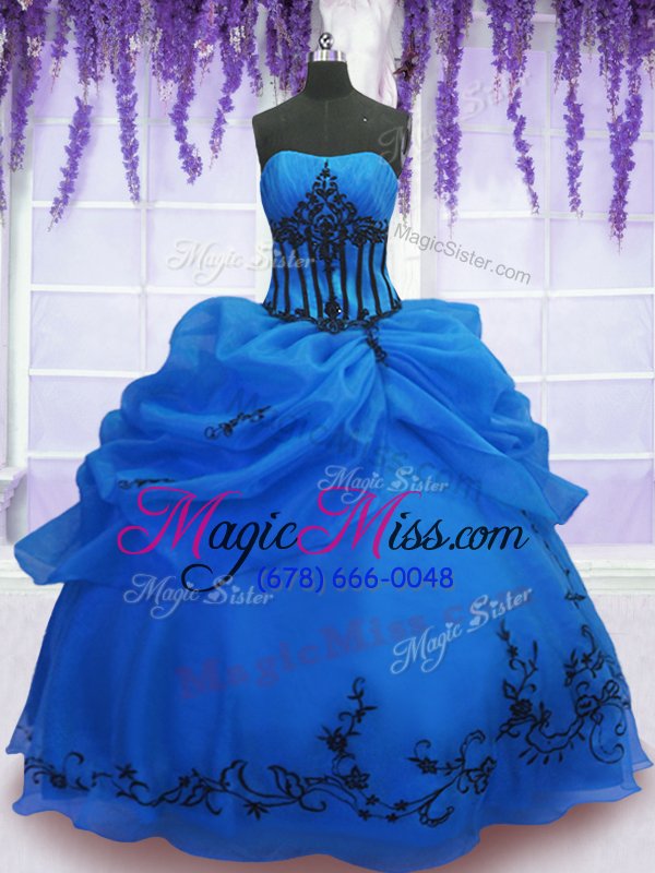 wholesale vintage blue lace up strapless embroidery quinceanera gown organza sleeveless