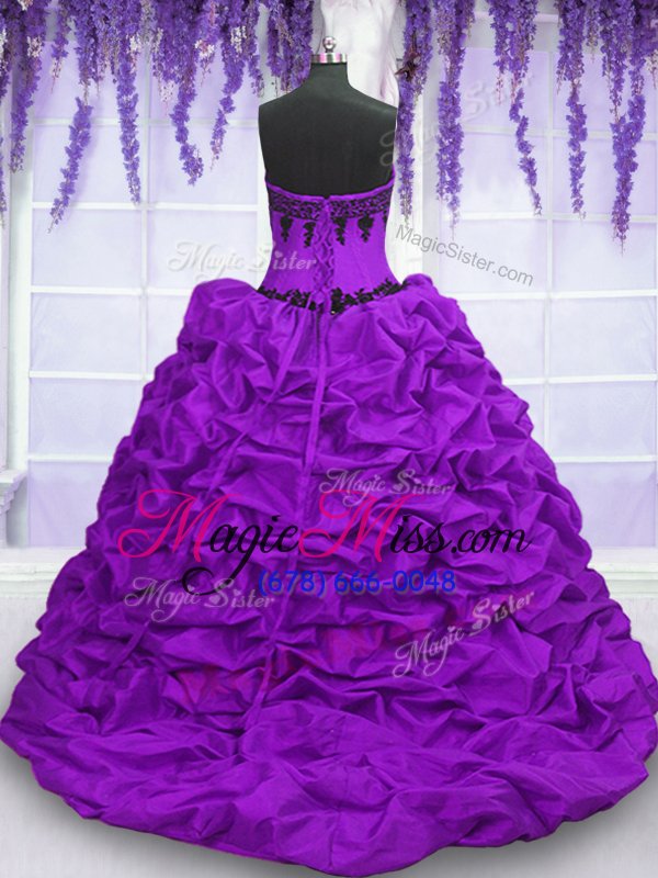 wholesale admirable sweetheart sleeveless sweet 16 quinceanera dress with train sweep train appliques and pick ups purple taffeta