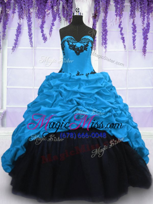 wholesale fancy blue sleeveless sweep train appliques and pick ups with train quinceanera dress