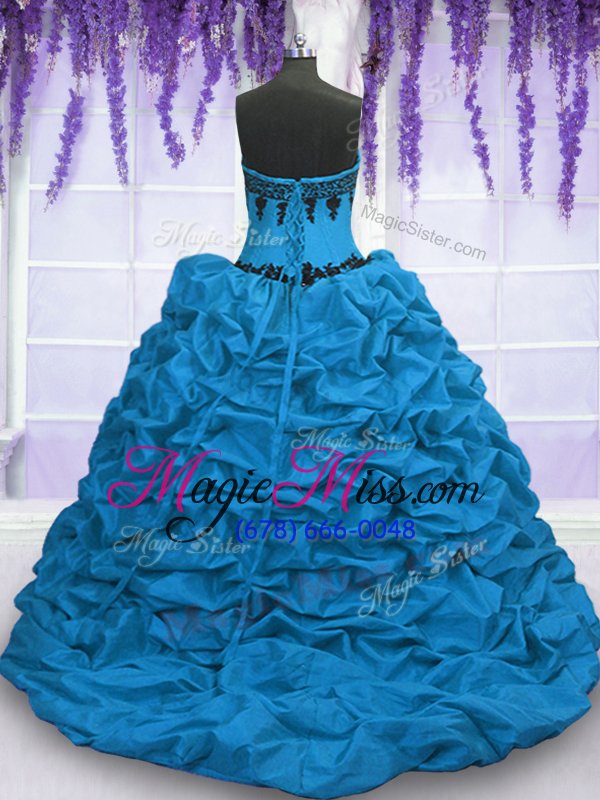 wholesale fancy blue sleeveless sweep train appliques and pick ups with train quinceanera dress