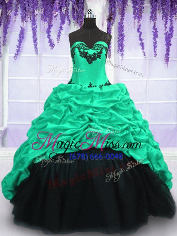 wholesale deluxe sleeveless sweep train lace up with train appliques and ruffles and pick ups quince ball gowns