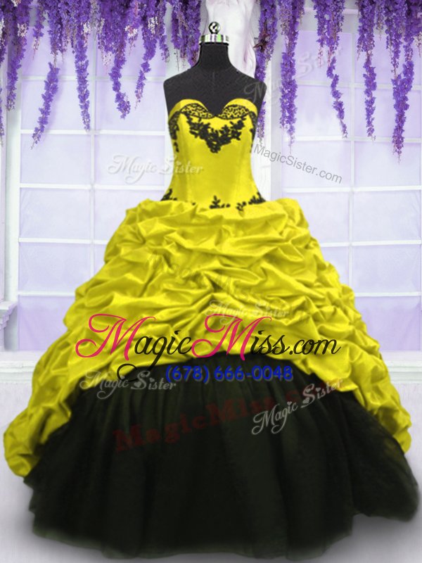 wholesale exceptional black and yellow green lace up sweetheart appliques and pick ups ball gown prom dress taffeta sleeveless sweep train