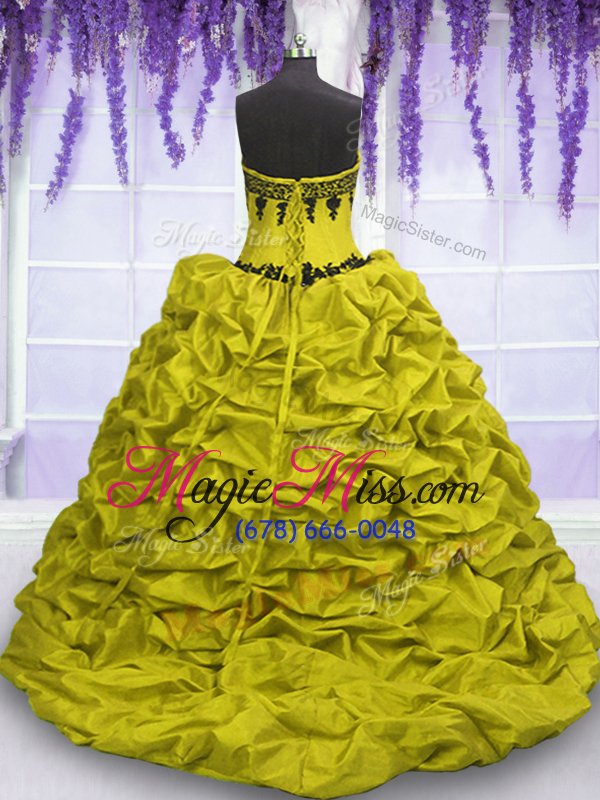 wholesale exceptional black and yellow green lace up sweetheart appliques and pick ups ball gown prom dress taffeta sleeveless sweep train
