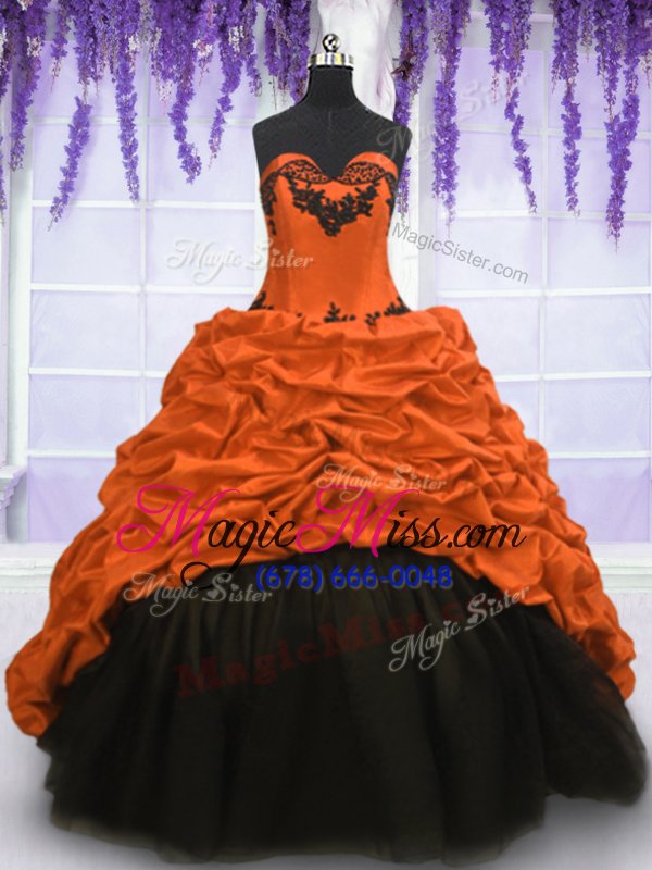 wholesale super black and orange taffeta lace up quinceanera dresses sleeveless with train sweep train appliques and pick ups