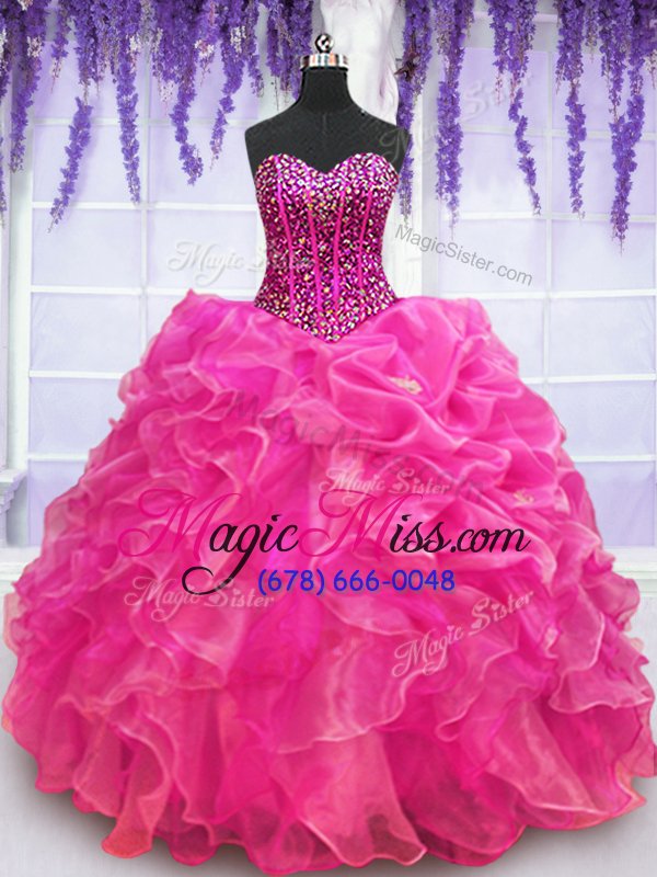 wholesale dazzling organza sweetheart sleeveless lace up beading and ruffles sweet 16 dress in hot pink
