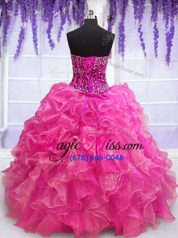 wholesale dazzling organza sweetheart sleeveless lace up beading and ruffles sweet 16 dress in hot pink
