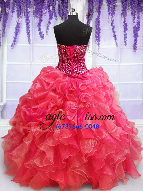 wholesale flare red sweetheart neckline beading and appliques and ruffled layers quince ball gowns sleeveless lace up