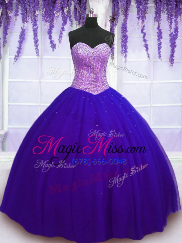 wholesale clearance purple tulle lace up sweetheart sleeveless floor length quinceanera gown beading