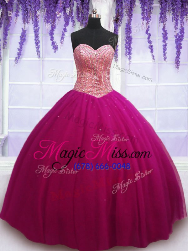 wholesale gorgeous hot pink ball gowns sweetheart sleeveless tulle floor length lace up beading quinceanera gown