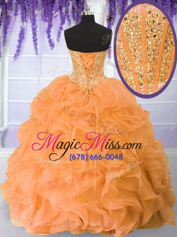 wholesale pretty orange sweetheart neckline beading and ruffles quinceanera gowns sleeveless lace up