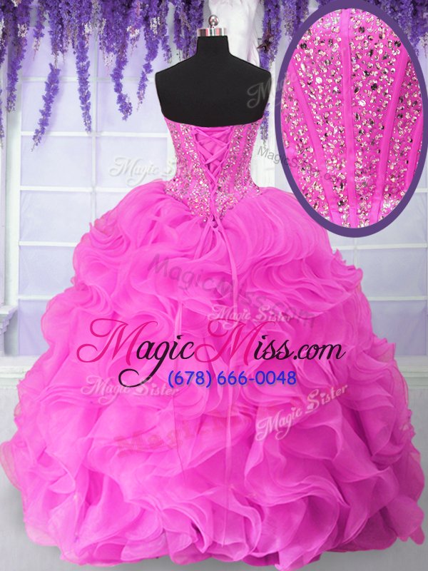 wholesale glittering fuchsia organza lace up quinceanera dresses sleeveless floor length beading and ruffles