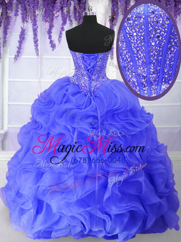wholesale fashion blue organza lace up quinceanera dresses sleeveless floor length beading and ruffles