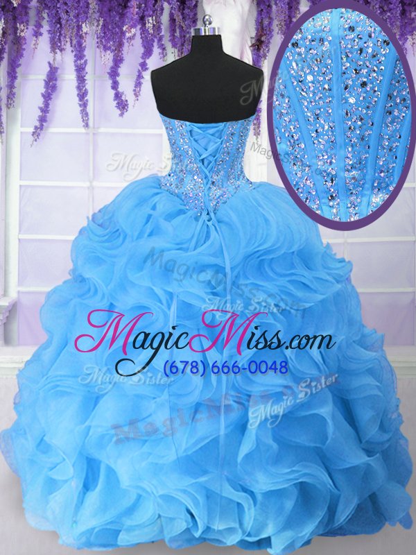 wholesale delicate sleeveless floor length beading and ruffles lace up quince ball gowns with baby blue