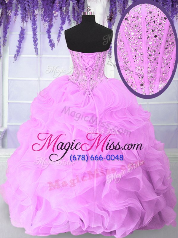 wholesale custom design lilac organza lace up sweetheart sleeveless floor length sweet 16 dresses beading and ruffles