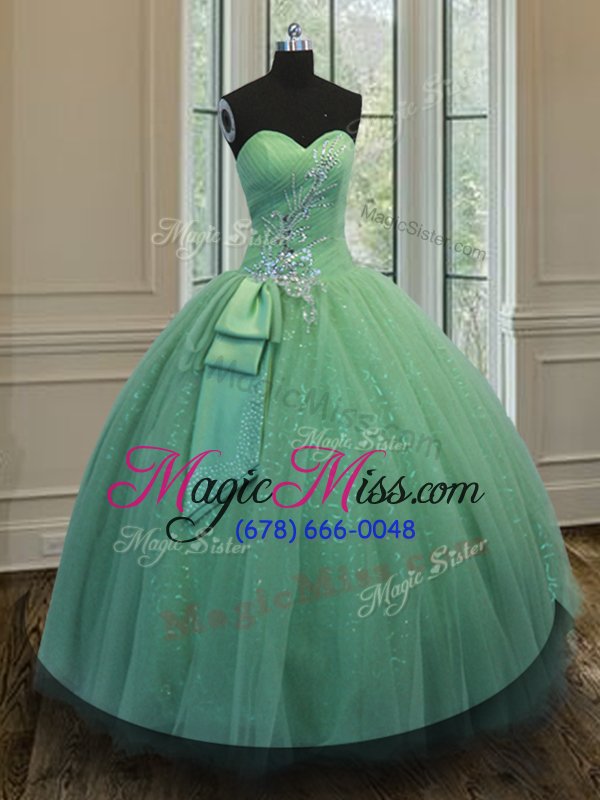wholesale fabulous sweetheart sleeveless tulle and sequined sweet 16 dresses beading and ruching and bowknot lace up