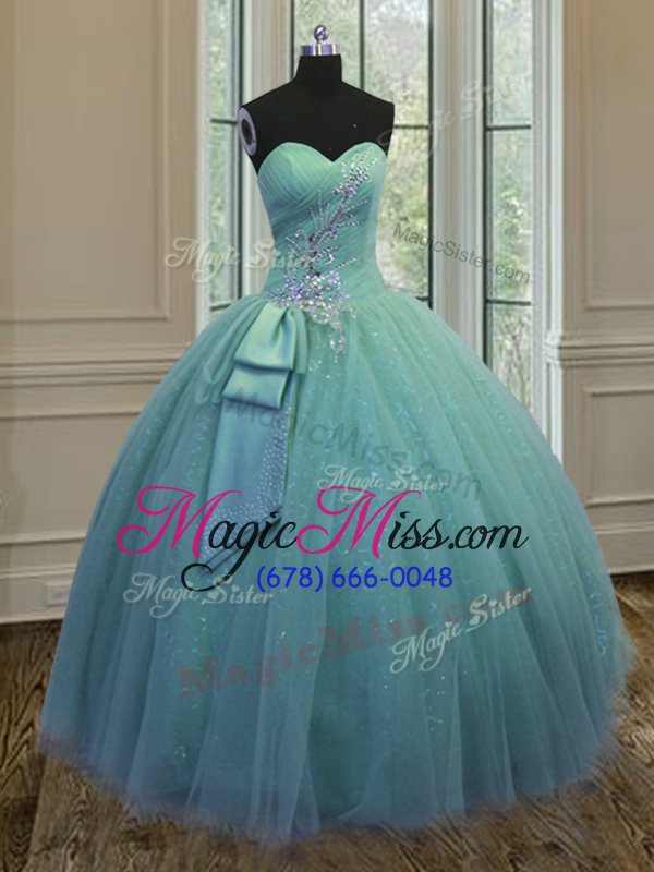 wholesale delicate sweetheart sleeveless tulle ball gown prom dress beading and ruching and bowknot lace up