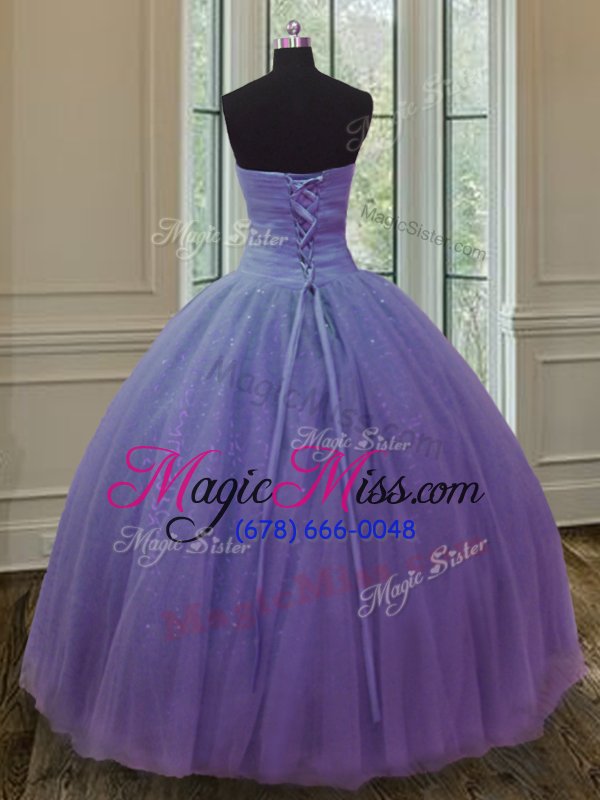 wholesale exceptional lavender ball gowns sweetheart sleeveless tulle and sequined floor length lace up beading and ruching and bowknot quinceanera dress