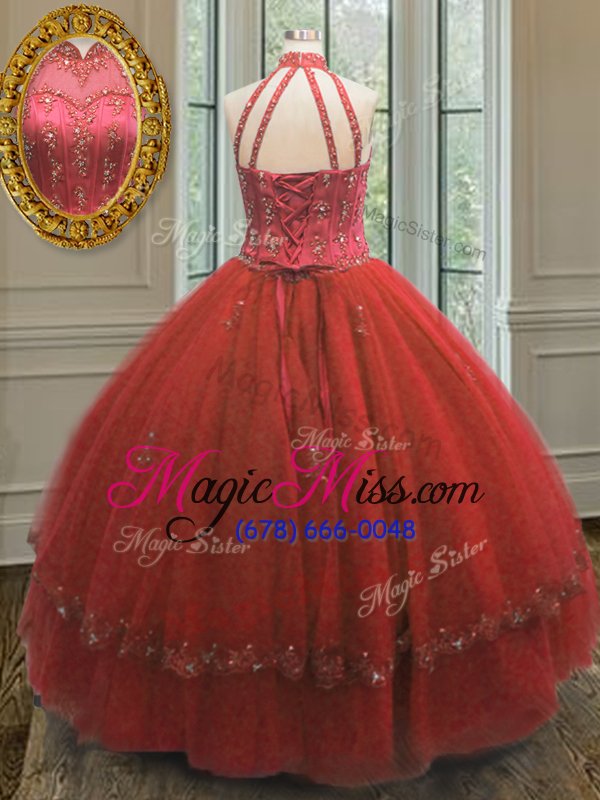 wholesale great halter top wine red sleeveless beading and appliques floor length 15th birthday dress