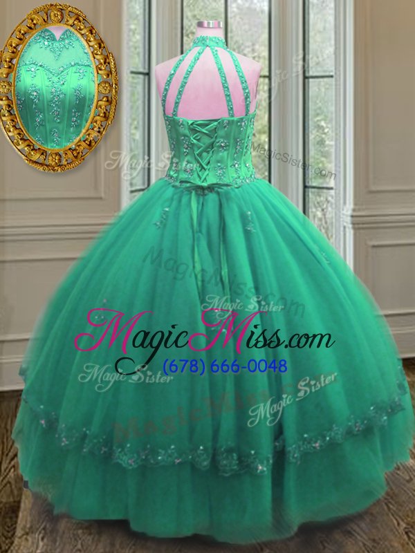 wholesale stylish turquoise tulle lace up 15th birthday dress sleeveless floor length beading and appliques