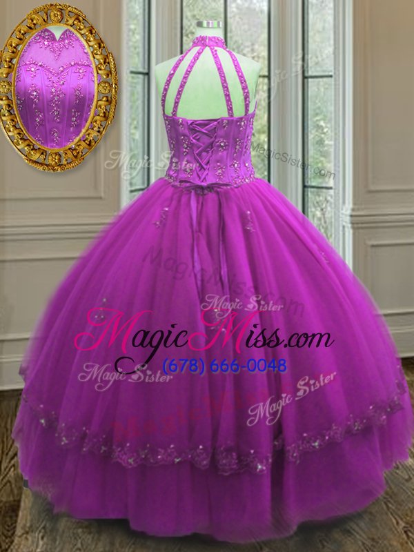 wholesale modest sleeveless tulle floor length lace up sweet 16 quinceanera dress in fuchsia for with beading and appliques