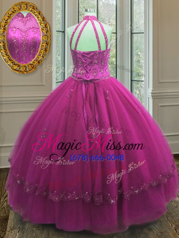 wholesale exquisite floor length fuchsia sweet 16 quinceanera dress tulle sleeveless beading and appliques