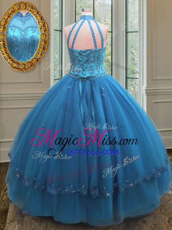 wholesale custom design floor length ball gowns sleeveless blue ball gown prom dress lace up