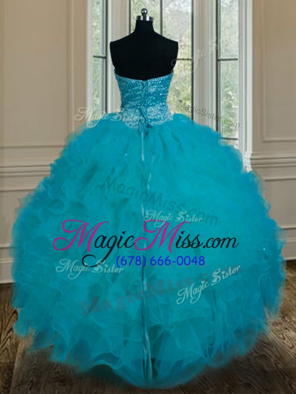 wholesale spectacular floor length lace up sweet 16 dresses teal and in for military ball and sweet 16 and quinceanera with beading and ruffles