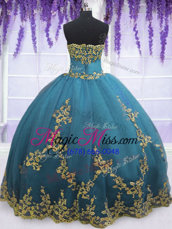 wholesale fabulous strapless sleeveless ball gown prom dress floor length lace and appliques teal tulle