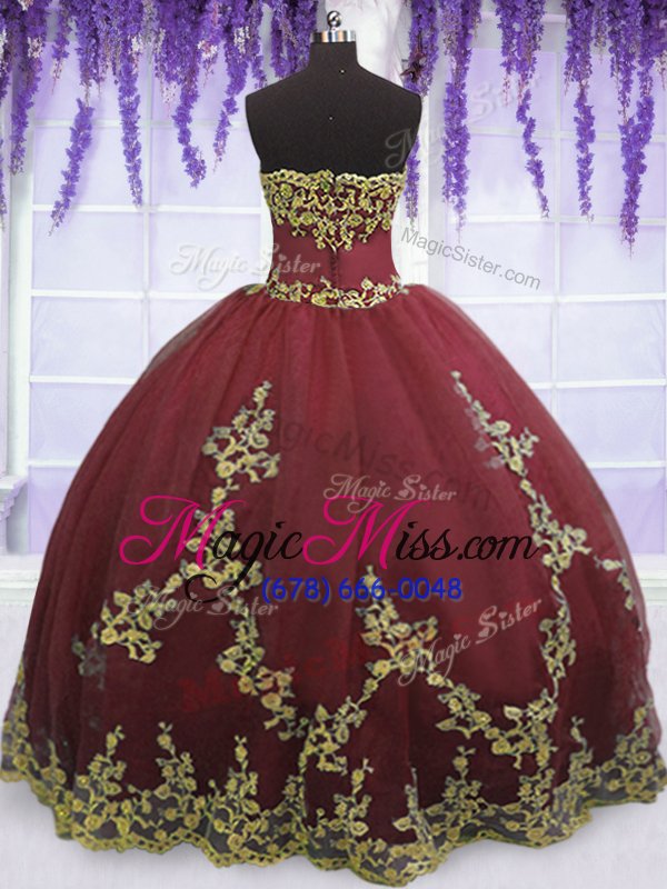 wholesale ideal burgundy strapless zipper appliques 15 quinceanera dress sleeveless