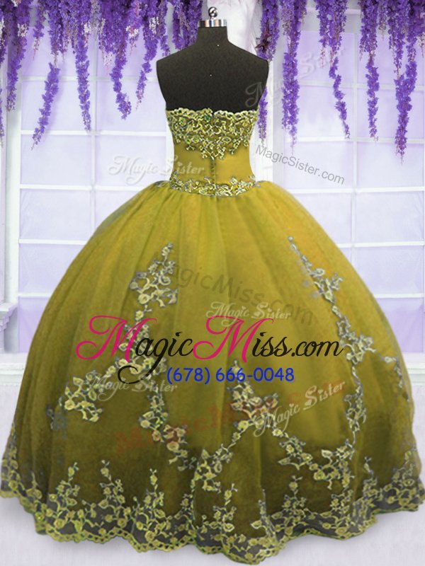 wholesale comfortable floor length olive green quinceanera dresses tulle sleeveless appliques