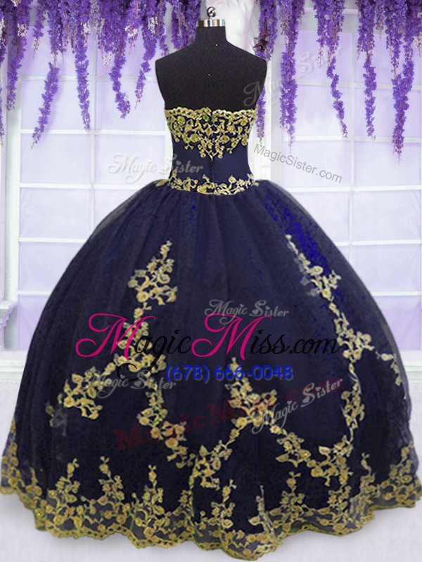 wholesale eye-catching navy blue zipper strapless appliques quince ball gowns tulle sleeveless