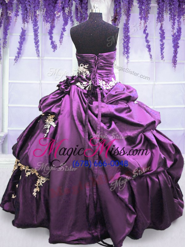 wholesale modern taffeta sleeveless floor length quince ball gowns and appliques and pick ups