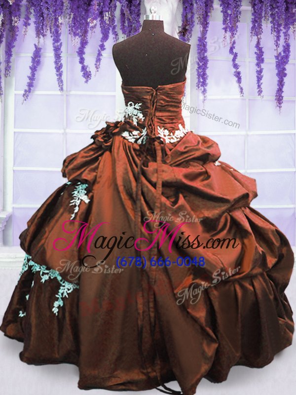 wholesale cute sleeveless taffeta floor length lace up quinceanera gowns in brown for with appliques and pick ups