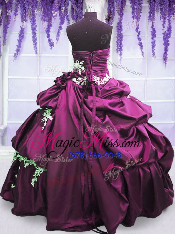 wholesale fancy purple sleeveless floor length appliques and pick ups lace up quinceanera dresses