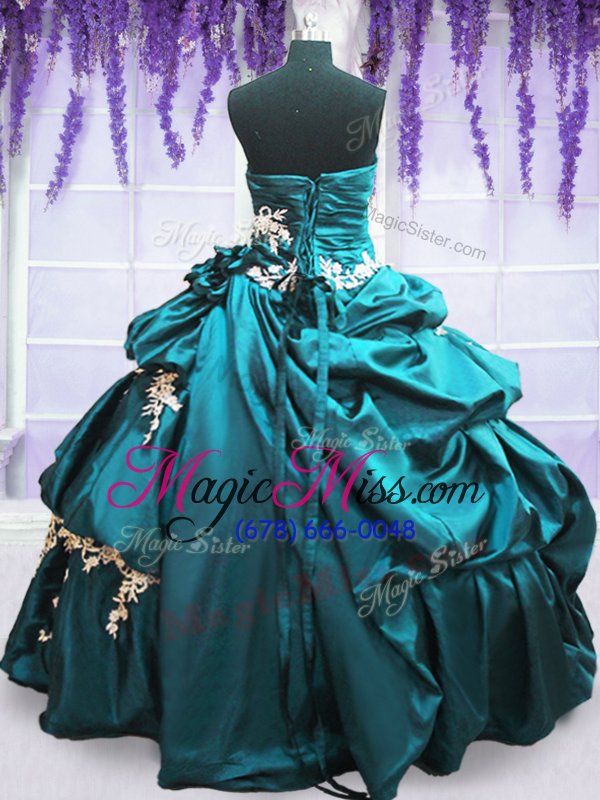wholesale teal taffeta lace up quinceanera gowns sleeveless floor length appliques and pick ups