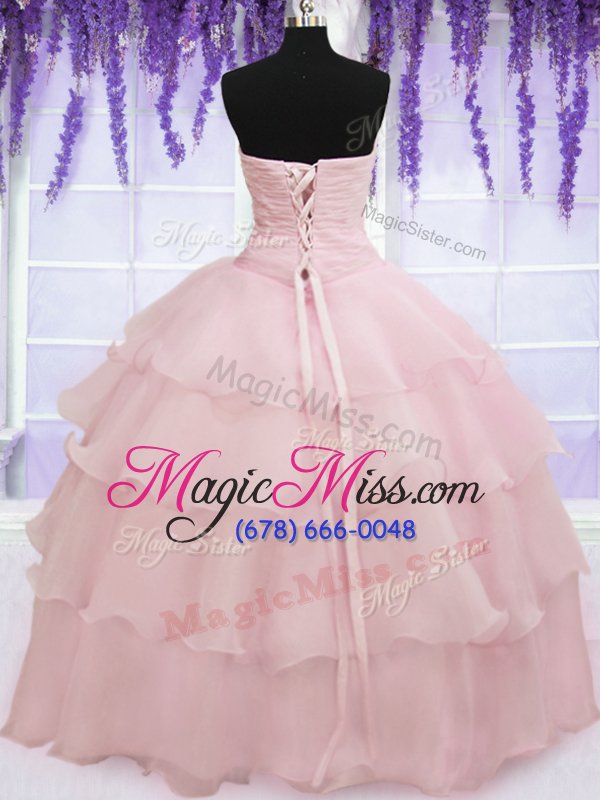 wholesale dazzling sleeveless floor length ruffled layers lace up quinceanera gown with baby pink