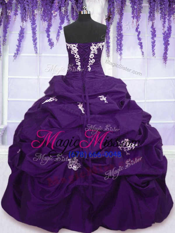 wholesale beautiful purple lace up ball gown prom dress appliques and pick ups sleeveless floor length