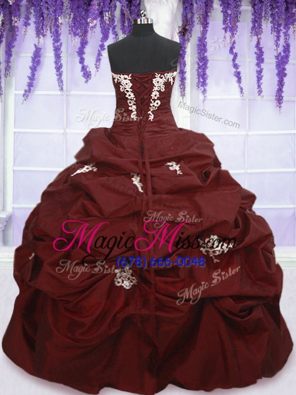 wholesale customized floor length lace up quinceanera gown burgundy and in for military ball and sweet 16 and quinceanera with appliques and pick ups