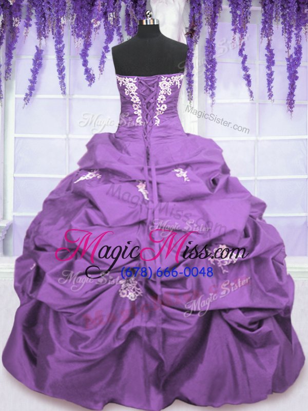 wholesale modern strapless sleeveless taffeta 15th birthday dress appliques and pick ups lace up