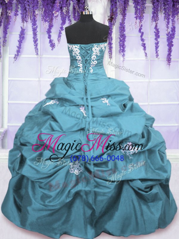 wholesale hot selling light blue lace up sweet 16 quinceanera dress appliques and pick ups sleeveless floor length