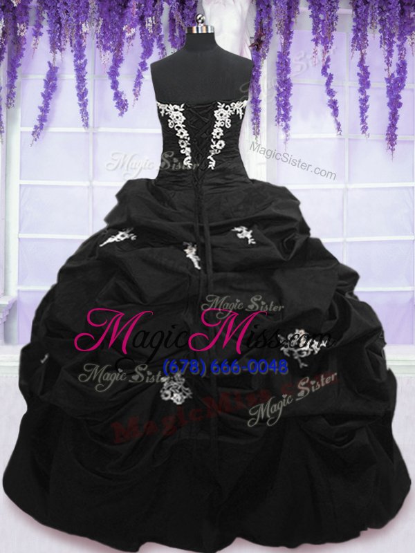 wholesale new arrival strapless sleeveless quinceanera dresses floor length appliques and pick ups black taffeta