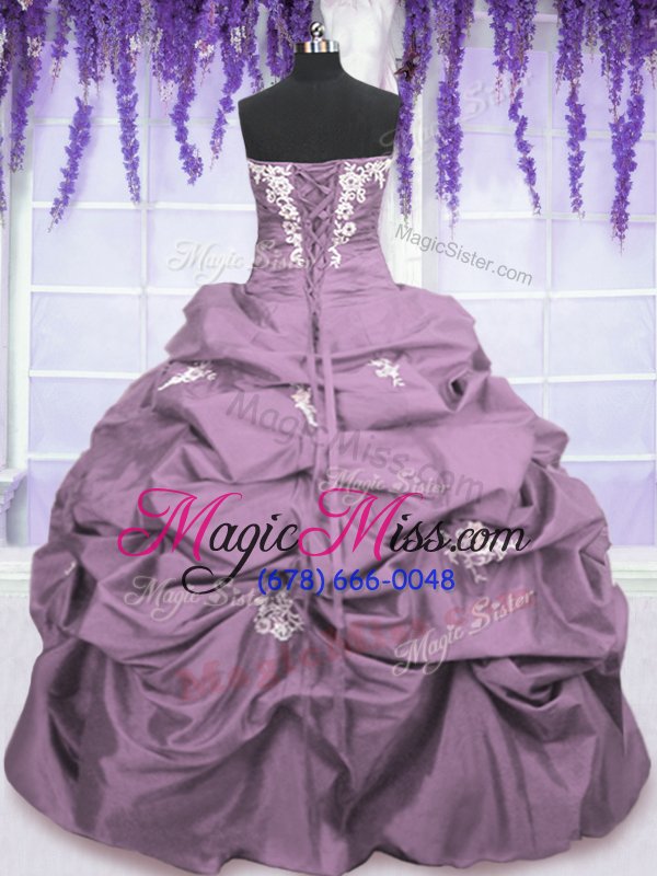 wholesale vintage strapless sleeveless taffeta ball gown prom dress appliques and ruching and pick ups lace up