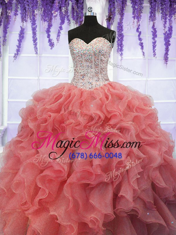 wholesale pretty coral red sleeveless floor length ruffles and sequins lace up 15 quinceanera dress