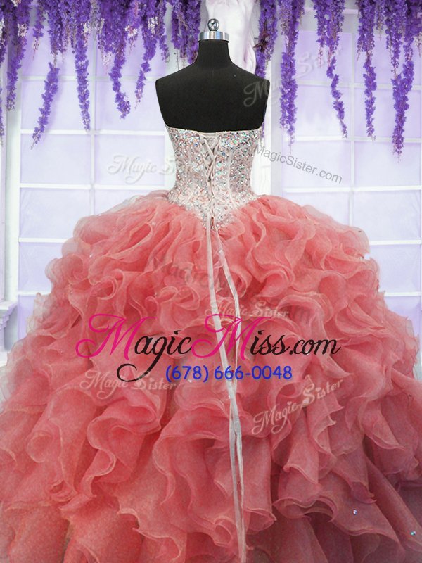 wholesale pretty coral red sleeveless floor length ruffles and sequins lace up 15 quinceanera dress