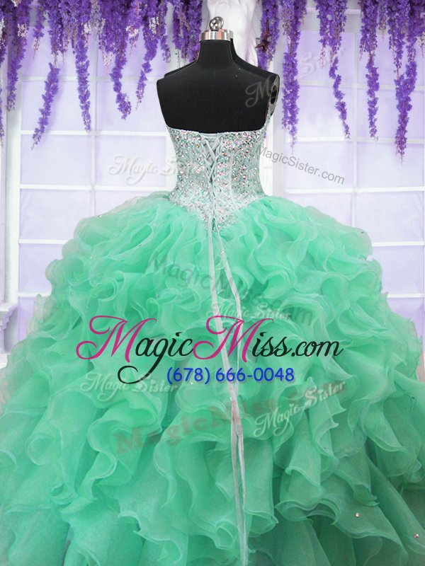 wholesale affordable sleeveless floor length ruffles and sequins lace up quinceanera dress with apple green